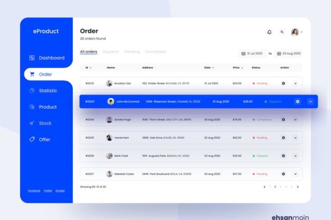 eProduct Admin Dashboard Design ( Order page )